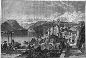 Wyspy Borromee jeziora Maggiore (Jezioro Maggiore w Lombardii) we Włoszech: Widok Isola Bella (Ila-Bella). Grawerowanie w „L