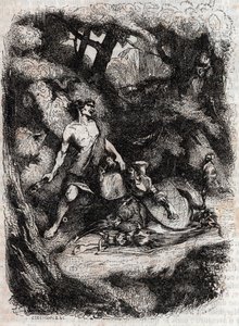 Bradamante terrassee olbrzyma - rycina z 1851 r. z „Wściekły Roland” (Orlando furioso) (XVI w.) Ludovico Ariosto, znanego jako Ariosta - Wydanie przetłumaczone z języka włoskiego przez hrabiego Tressan i wydane przez Gustave