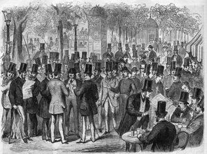 Brokerzy w pobliżu małego Bourse du Boulevard des Italians w Paryżu we Francji. Grawerowanie w „Wspaniałym Wszechświecie” autorstwa Unknown artist