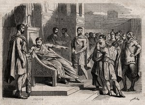 Brutus skazujący syna na śmierć - Brutus (Marcus Junius Brutus, 85-42 pne) skazujący swoich synów na śmierć - rycina w „Dictionnaire populaire illustrious” - 1864 - Joseph Decembre i Edmond Allonier - autorstwa Unknown artist