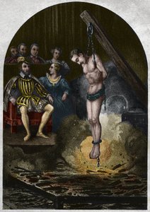 Płonąca komora (dwór) za króla Henryka II (1519-1559) w obecności Katarzyny Medycejskiej (Caterina de Medici). Rycina z 1842 roku w „Histoire des Popes” Maurice