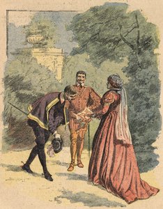 Bussy wita w parku Jeanne w towarzystwie świętego Łukasza. Ilustracja do powieści „La Dame de Monsoreau” Aleksandra Dumasa w „Journal des novels populaires illustrées” autorstwa Unknown artist