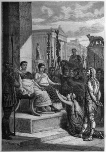 NIEWOLNOŚĆ CHAMAKUS - Caratacus (Caratacos, Caratacus) w niewoli wraz ze swoją rodziną zwraca się do cesarza rzymskiego Klaudiusza (Claude I) (10 pne-54 ne) - Grawerowanie w "L