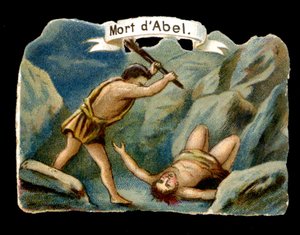 Kain zabija swojego młodszego brata Abla z zazdrości (Dzieci Adama i Ewy). Chromolitografia XIX wieku. autorstwa Unknown artist