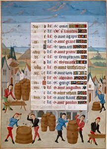 Kalendarz: Sierpień - Produkcja beczek na wino - Miniatura mistrza Jean de Rolin (XV w.) z „Godzin Adelajdy Sabaudzkiej, księżnej Burgundii” 1460-1465 Chantilly, Musee Conde autorstwa Unknown artist
