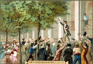 Camille Desmoulins w Palais Royal (12.07.1789). Chromolitografia XIX wiek. - Rewolucja Francuska/Camille Desmoulins wzywa do burzy na Bastylię w Paryżu autorstwa Unknown artist
