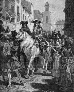 Camisard War (1702-1704): Katolik próbujący dotknąć przywódcy Camisardów, Jeana Cavaliera (1681-1740). Nimes, Gard (30). Rycina XIX wieku. W „Histoire de France” Julesa Micheleta autorstwa Unknown artist