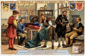 Kariera w średniowieczu: tkacz, krawiec, kapelusznik i paster, zamawiający pralnię chemiczną - chromo Liebig autorstwa Unknown artist