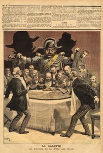 Karykaturalna ilustracja „”la galette””, opowiadająca o uczcie królów, na której bankier kroi tort, wszyscy pospiesznie pospieszyli do udziału i zamiast festynu znaleźli żandarma. Grawerowanie w „”Le petit journal”” 7.01.1893. Kolekcja Selvy. autorstwa Unknown artist