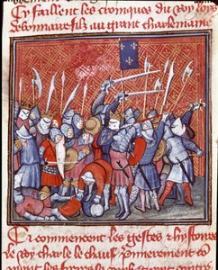 Dynastia Karolingów: „”Król karoliński Karol II mówi, że łysy (823-877) podczas bitwy”””Miniatura zaczerpnięta z „”Les grandes Chronicles de France””” XIV-wieczny Chantilly, Musee Conde autorstwa Unknown artist