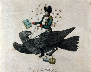 Film o Napoleonie o jego zesłaniu na Elbie. Napoleon na orle trzyma w prawej ręce księgę zatytułowaną Pobór do wojska. Grawerowanie okresu. autorstwa Unknown artist