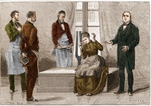 Katalepsja wytworzona pod wpływem dźwięku (Diapason). Francuski neurolog Jean Martin Charcot (1825-1893) (po prawej) demonstruje hipnozę u pacjenta w szpitalu Salpetriere. Ilustracja zaczerpnięta z „”Nature”” 1879 autorstwa Unknown artist