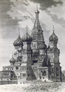 Katedra ochrony Najświętszej Bogurodzicy na fosie lub Wasyla Błogosławionego na placu czerwonym w Moskwie, grawerowanie z wolnej Rosji autorstwa Unknown artist