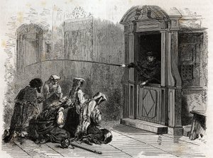 Praktykujący katolicy na modlitwie, otrzymujący zwykłą pokutę, baty podawane przez księdza z budki. Grawer ilustrujący historię Wielkiego Tygodnia w Rzymie w 1863 r. autorstwa Ludovica Cellera w „Le tour du monde, nouveau journal des voyages” publi autorstwa Unknown artist