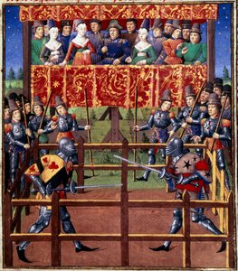 Ceremonie i zarządzenia jako rękojmia bitwy: pojedynek dwóch rycerzy na polu zamkniętym Miniatura z rękopisu Jeana de Rolina (XV w.) 1460 Paryż, B.N. autorstwa Unknown artist