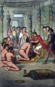 Ceremonia (Ceremonia) w stolicy Inków w Cuzco: Manco Capac (Ayar Manco) to wyróżnienie dla Książąt Krwi poprzez przekłucie uszu - grawerunek z „Zwyczajności i zwyczajów wszystkich narodów wszechświata. To jest historia rządu, praw, autorstwa Unknown artist