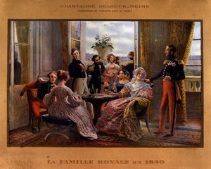 Szampan serwowany przy stole królewskim w 1840 r. - Plakat reklamowy szampana Delbeck „Dostawca dawnego dworu Francji”, koniec XIX w. autorstwa Unknown artist