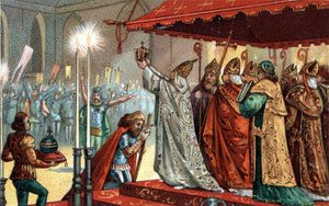 Karol Wielki (742-814) koronowany przez papieża Leona III (ok. 750-816) w bazylice św. Piotra w Rzymie 25 grudnia 800 - Koronacja Karola Wielkiego (742 - 814) w 800 przez papieża Leona III. autorstwa Unknown artist
