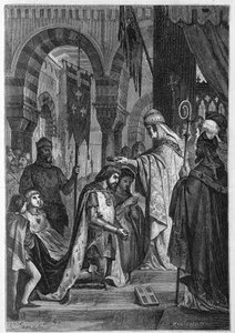 Karol I Anjou (Karol I Sycylii) (1226-1285) został zainwestowany w Królestwo Sycylii 28/06/1265 przez papieża Klemensa IV (w. 1195-1268). autorstwa Unknown artist