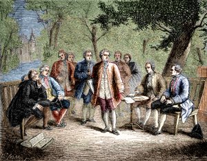 Charles de Secondat Montesquieu z naukowym wieczernikiem zamku Clairac, Francja - Naukowy wieczernik zamku Clairac: Monteskiusz i baron de Secondat, jego, rycerz Vivens, Romas i bracia Dutilh – w „Albumie nauki; I autorstwa Unknown artist