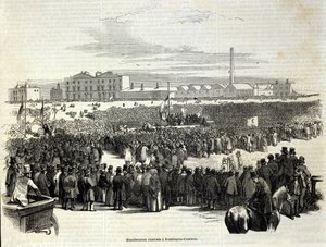 Chartist Demonstration w Kennington Common: jest to ruch polityczny robotniczy, prekursor socjalizmu, Grawerowanie z 1848 r. autorstwa Unknown artist