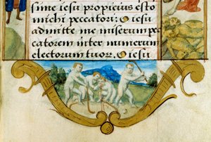 Dzieci bawiące się w piłkę, przodek hokeja. Fragment miniatury z Księgi Godzin rodziny Anjou autorstwa Unknown artist
