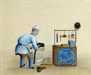 Chiński kupiec ostrzący nożyczki do cięcia sztabek srebra. Rysunek z XVII wieku. Paryż. B N autorstwa Unknown artist