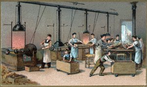 Produkcja czekolady. Pokój do torowania kakao. Chromolitografia z końca XIX wieku autorstwa Unknown artist