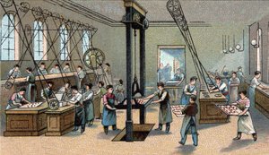 Produkcja czekolady: formowanie. Chromolitografia z końca XIX wieku autorstwa Unknown artist