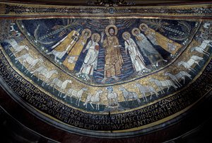 Chrystus wśród św. Pawła, św. Cecylii, św. Pascala, św. Piotra, św. Waleriana i św. Agaty (mozaika, 821) autorstwa Unknown artist