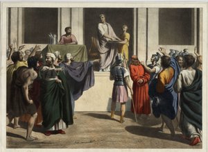 Chrystus przed Poncjuszem Pilatiusem: Widząc, że ludzie pragnęli śmierci Jezusa i obawiając się zamieszek, Piłat wziął wodę, umył ręce przed tłumem, mówiąc: „Nie jestem odpowiedzialny za tę krew; to do Ciebie należy”. Anonimowy grawer z mi autorstwa Unknown artist