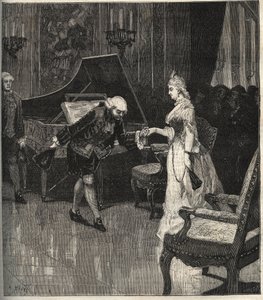 Christoph Willibald Gluck przed królową Marią Antoniną w Trianon - Christoph Willibald Gluck (1714-1787), niemiecki kompozytor grający przed królową Marią Antoniną a Trianon - grawer w ilustrowanym tygodniku „Muzyka popularna” - 1882 autorstwa Unknown artist