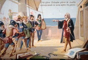 Krzysztof Kolumb powstrzymał bunt załogi, ogłaszając lądowanie w ciągu trzech dni. chromolitografia XIX wiek. autorstwa Unknown artist