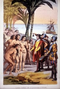 Lądowanie Krzysztofa Kolumba w San Salvador (Bahamy) 12.10.1492 r.: pierwsi Indianie pojawili się przed Kolumbem. Grawerowanie 1850. autorstwa Unknown artist