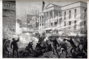 Zamieszki w sądzie w Cincinnati z 1884 r. – zamieszki rozpoczęły się po wyroku przysięgłych w sprawie zabójstwa po głośnym procesie o morderstwo, 28 marca 1884 r. – autorstwa Unknown artist