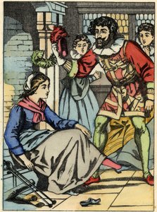 Kopciuszek próbuje szklanego buta znalezionego przez księcia. Ilustracja do bajki Charlesa Perraulta „Kopciuszek lub La petite slipper de verre” autorstwa Unknown artist