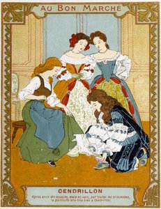 Kopciuszek próbuje pantofelka vair - etykieta reklamowa Bon Marché autorstwa Unknown artist