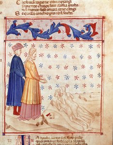 Krąg zdrajców: Dante i Wergiliusz spotykają Ugolino della gherardesca, tyrana Pizy i skazując za zdradę ojczyzny, bije głowę archeweka Ruggeri. Podświetlana strona ilustrująca 33 pieśń piekła pochodzi z „Divina Commedia” autorstwa Unknown artist