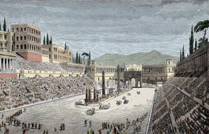 Circus Maximus - Wielki cyrk lub cyrk Maxime w Rzymie z wyścigiem rydwanów - Grawerowanie kolorami