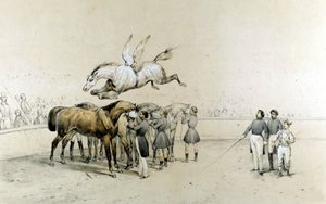 Cyrk pokazuje, jak skrzydlaty koń przeskakuje trzy konie z zasłoniętymi oczami. autorstwa Unknown artist
