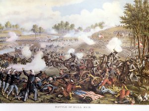 Wojna domowa (1861 - 1865), Wojna secesyjna 21.07.1861: Pierwsza bitwa pod Bull Run lub Pierwsza bitwa pod Manassas: Wirginia, Konfederaci dowodzeni przez generała Beauregarda pokonali nordyckie oddziały generała Mac Dowell. Rytownictwo. autorstwa Unknown artist