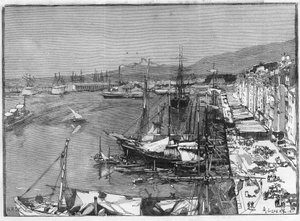 Statek handlowy i arsenał w porcie w Tulonie (Var), Francja. Grawerowanie w „”Le Monde Illustré”” autorstwa Unknown artist