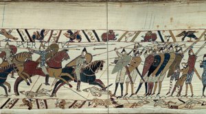 „Podbój Anglii” Williama Zdobywcy (1027-1087) w 1066 r., scena walki pomiędzy kawalerią normańską załadowującą piechotę saską króla Anglii Harolda II Detal gobelinu z Bayeux lub haftu królowej Matyldy autorstwa Unknown artist