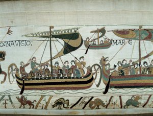 Podbój Anglii przez Wilhelma Zdobywcę (1027-1087) w 1066: floty normańskie zmierzają do Anglii Fragment gobelinu z Bayeux lub haftu królowej Matyldy autorstwa Unknown artist