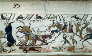 Podbój Anglii przez księcia Normandii Wilhelma Zdobywcy (1027-1087) w 1066: Bitwa pod Hastings Fragment gobelinu z Bayeux lub haftu królowej Matyldy autorstwa Unknown artist