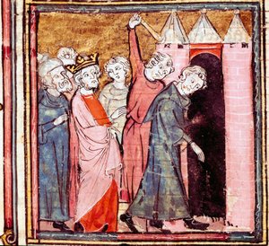 Spisek przeciwko Ludwikowi Pobożnemu (778-840) cesarzowi Zachodu, jego syn Lothaire nałożył na niego publiczną pokutę na klasztor św. Medarda z Soissons w 833 r. Miniatura zaczerpnięta z „Grandes Chronicles de France” 1375-1379 Biblioteki Miejskiej , Cas autorstwa Unknown artist