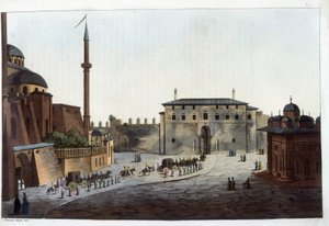 Konstantynopol: drzwi Seraila. Soliman Wielki był pierwszym, który zaniósł na niego cały swój dziedziniec i harem, z wyjątkiem tych, którzy mieszkali z jego poprzednikami. W „” Le costume ancien et moderne autorstwa Unknown artist