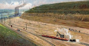 Budowa Kanału Alberta w latach trzydziestych XX wieku, łączącego port w Liege z portem w Antwerpii, Belgia (Digging of the Albert Canal in the 1930s (thirties) between Antwerp and Liege, Belgium) Chromolitografia autorstwa Unknown Artist