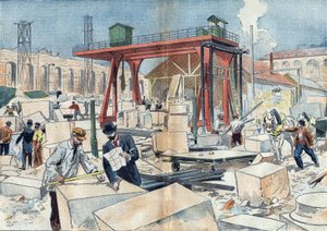 Budowa Grand Palais w Paryżu w 1898 roku z okazji Wystawy Powszechnej w 1900 roku. W środku tarcza diamentowa do cięcia ciętych kamieni. Ilustracja w „Le Pelerin” z 3 lipca autorstwa Unknown artist