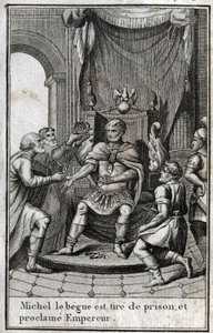 Koronacja Michała II Amoryjczyka (Begi) (770-829) na cesarza bizantyjskiego po zwolnieniu z więzienia w 820 roku. Jest on założycielem dynastii Amorian. Grawer w redige „Beaute de l